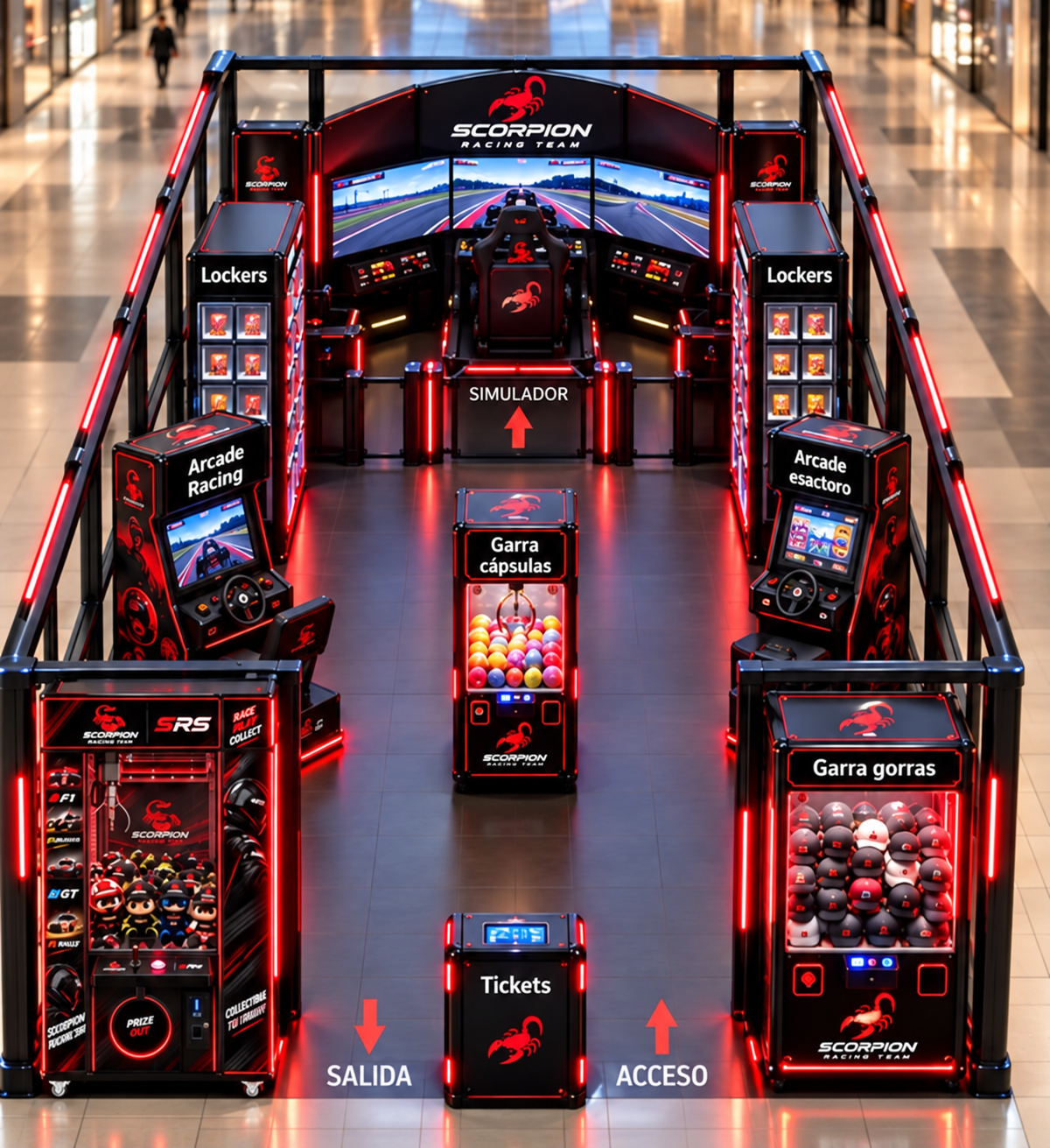 Visualización conceptual Scorpion con simulador, juegos arcade y máquinas de premios