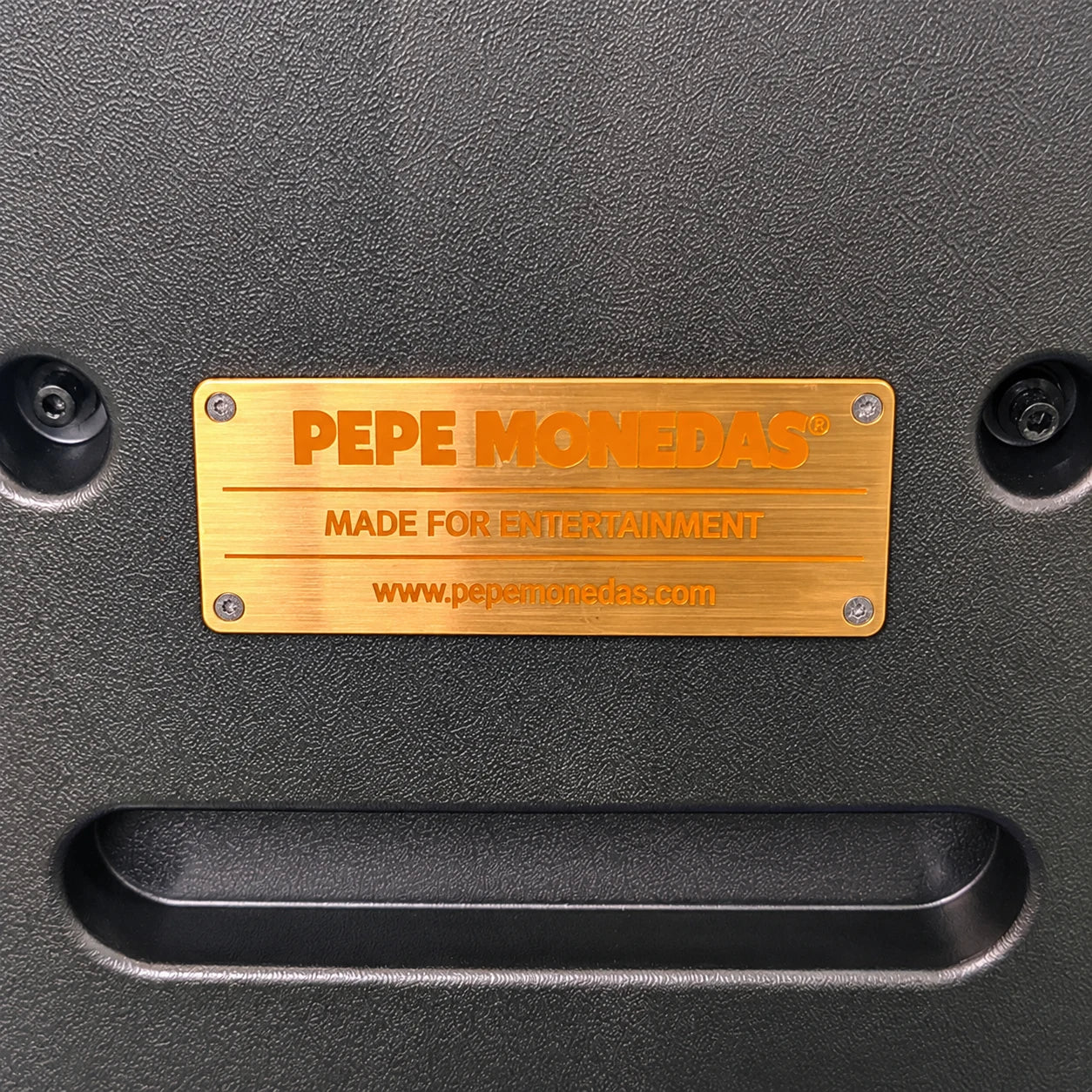 Placa metálica de Pepe Monedas ubicada en la parte trasera del sillón