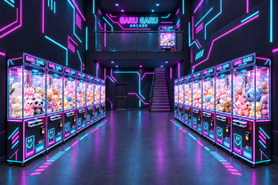 Render conceptual de Garu Garu Arcade en Tampico, con ambientación neón cian y magenta.