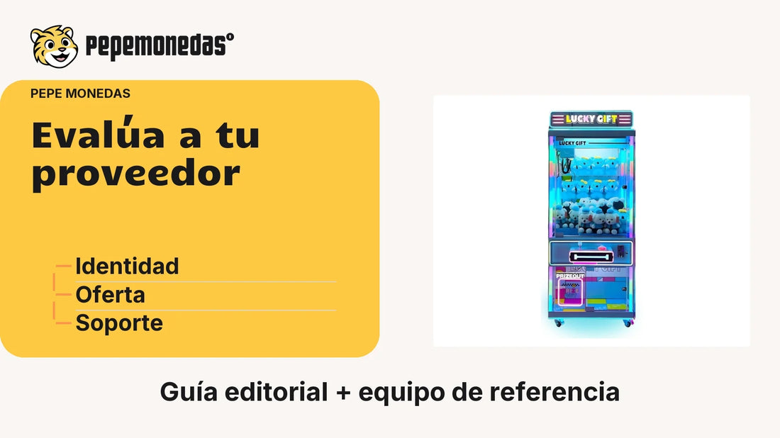 Portada «Evalúa a tu proveedor» con Lucky Gift. Imagen de referencia; no muestra una instalación. Herramienta editorial: Identidad, Oferta, Soporte.