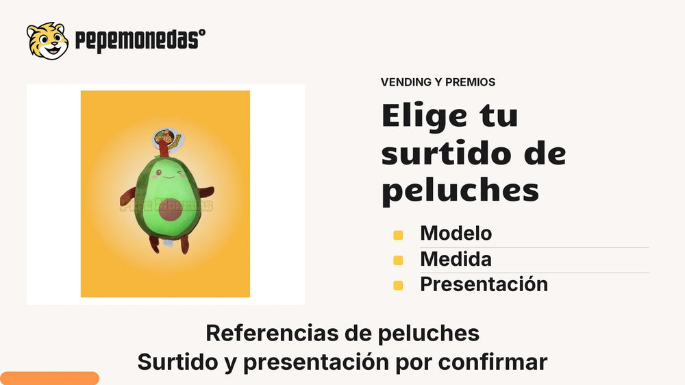 Portada «Elige tu surtido de peluches» con Peluche de aguacate. Imagen de referencia; no muestra una instalación. Herramienta editorial: Modelo, Medida, Presentación.