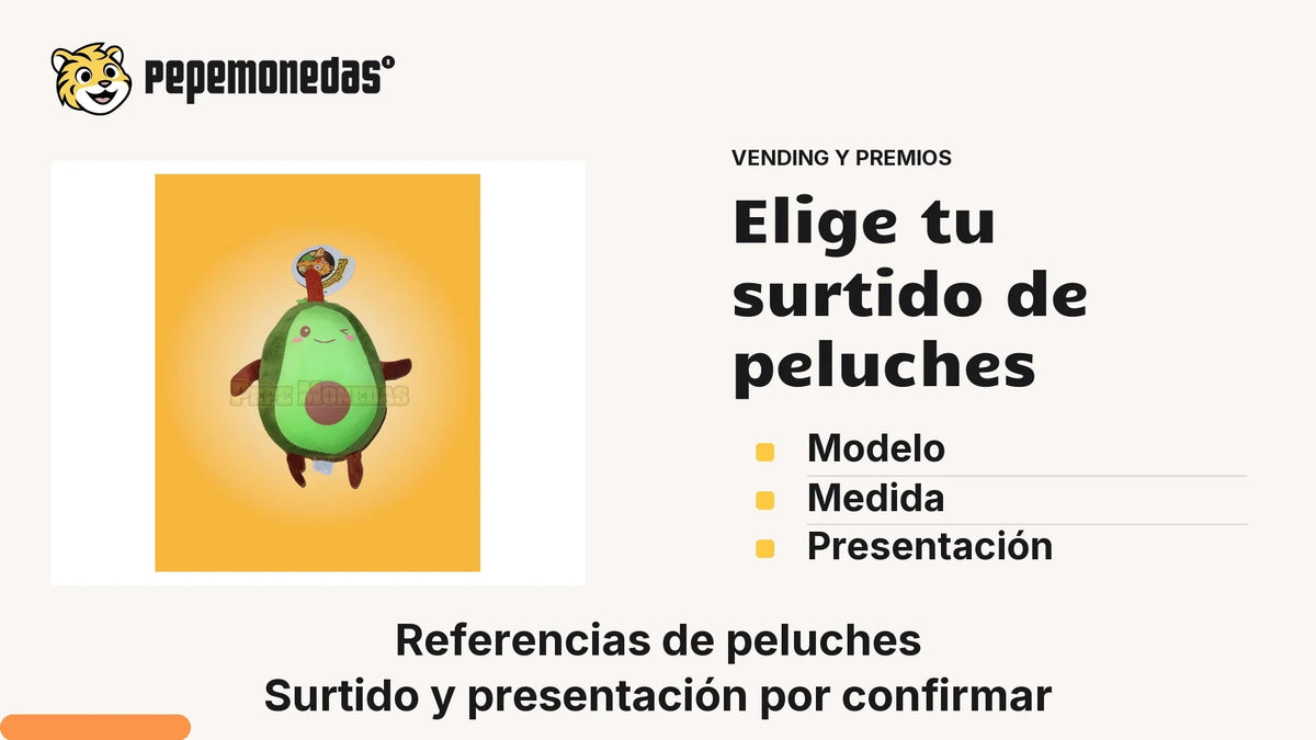 Portada «Elige tu surtido de peluches» con Peluche de aguacate. Imagen de referencia; no muestra una instalación. Herramienta editorial: Modelo, Medida, Presentación.