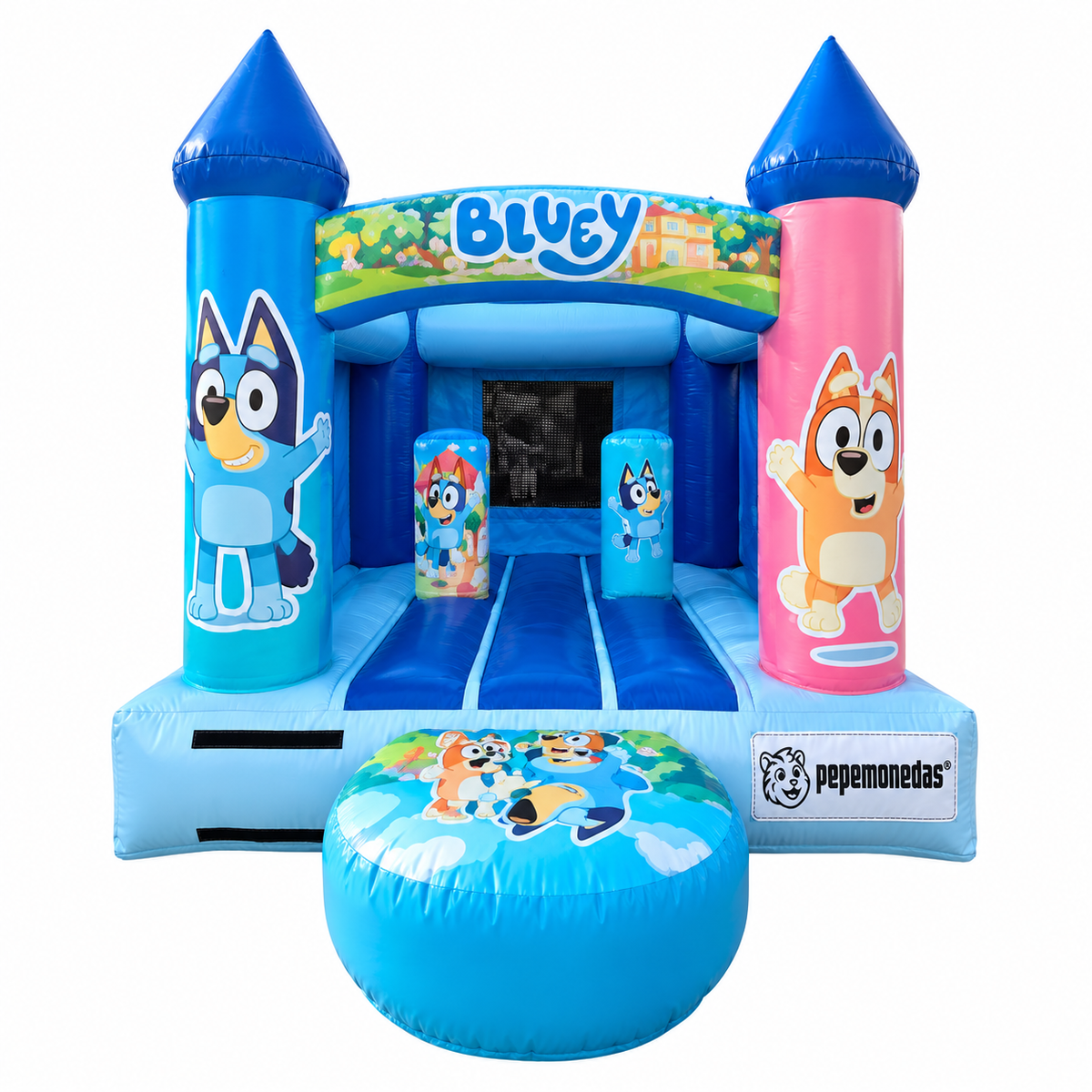 Castillo Inflable 3 x 4 m, variante Bluey — propuesta de acabado con bordado Pepe Monedas