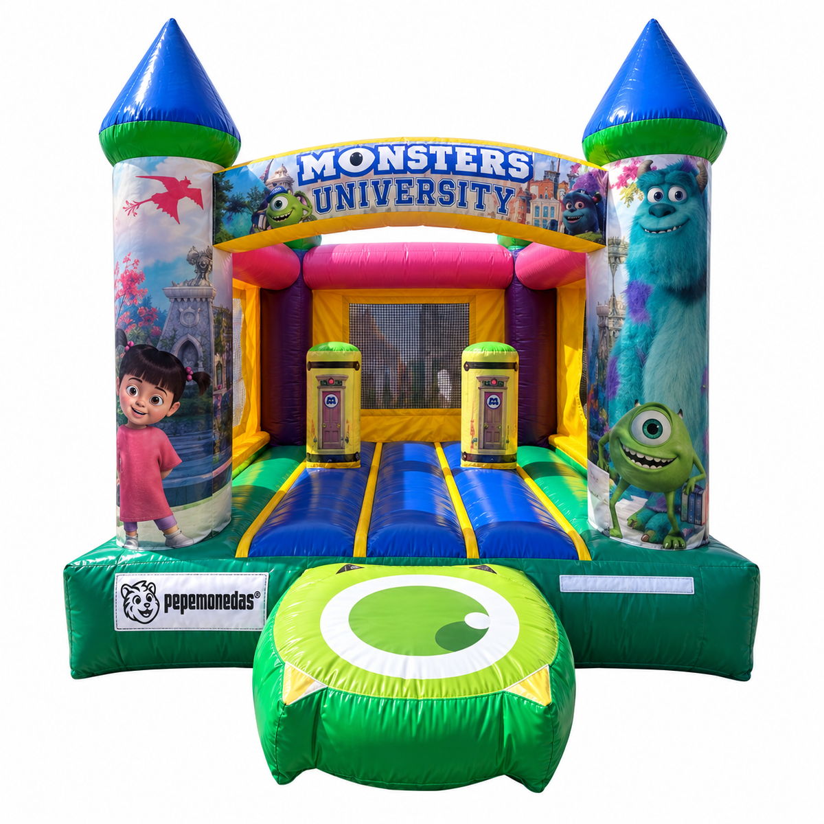 Castillo Inflable 3 x 4 m, variante Monster Inc — propuesta de acabado con bordado Pepe Monedas