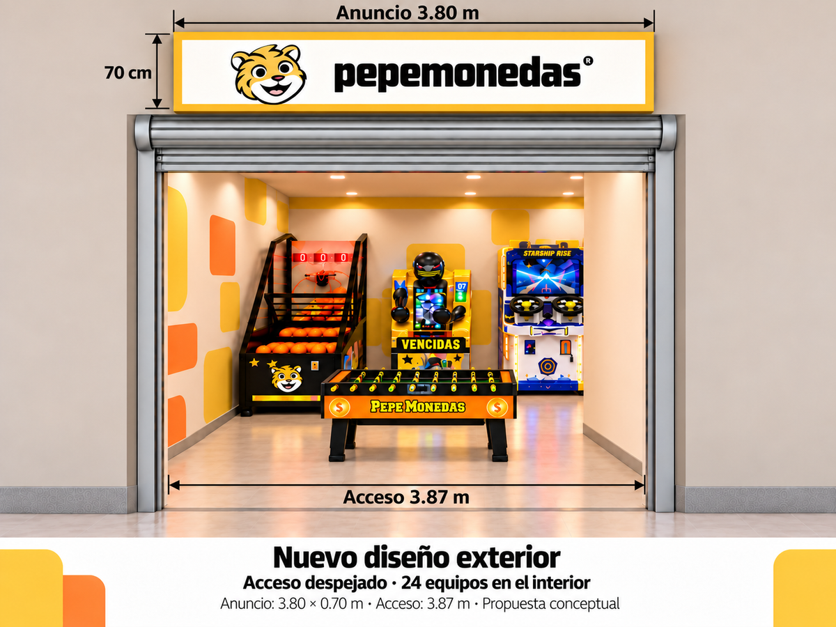 Render conceptual de la fachada del arcade de Puebla con imagen de Pepe Monedas.