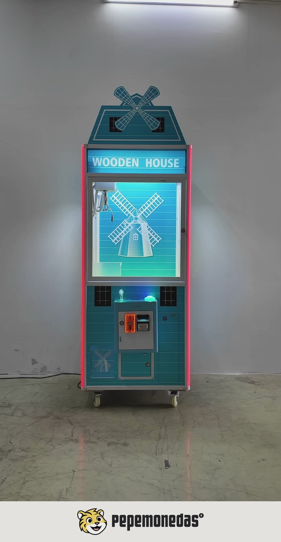 Máquina Caza Peluches "Wooden House" — version azul: demostración de funcionamiento. Pepe Monedas.