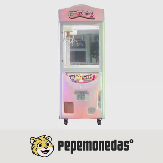 Máquina Cazapeluches Luminosa "Crazy Toy 2" — vista del gabinete y mecanismo. Pepe Monedas.