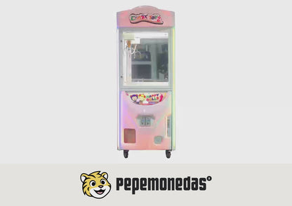 Máquina Cazapeluches Luminosa "Crazy Toy 2" — vista del gabinete y mecanismo. Pepe Monedas.