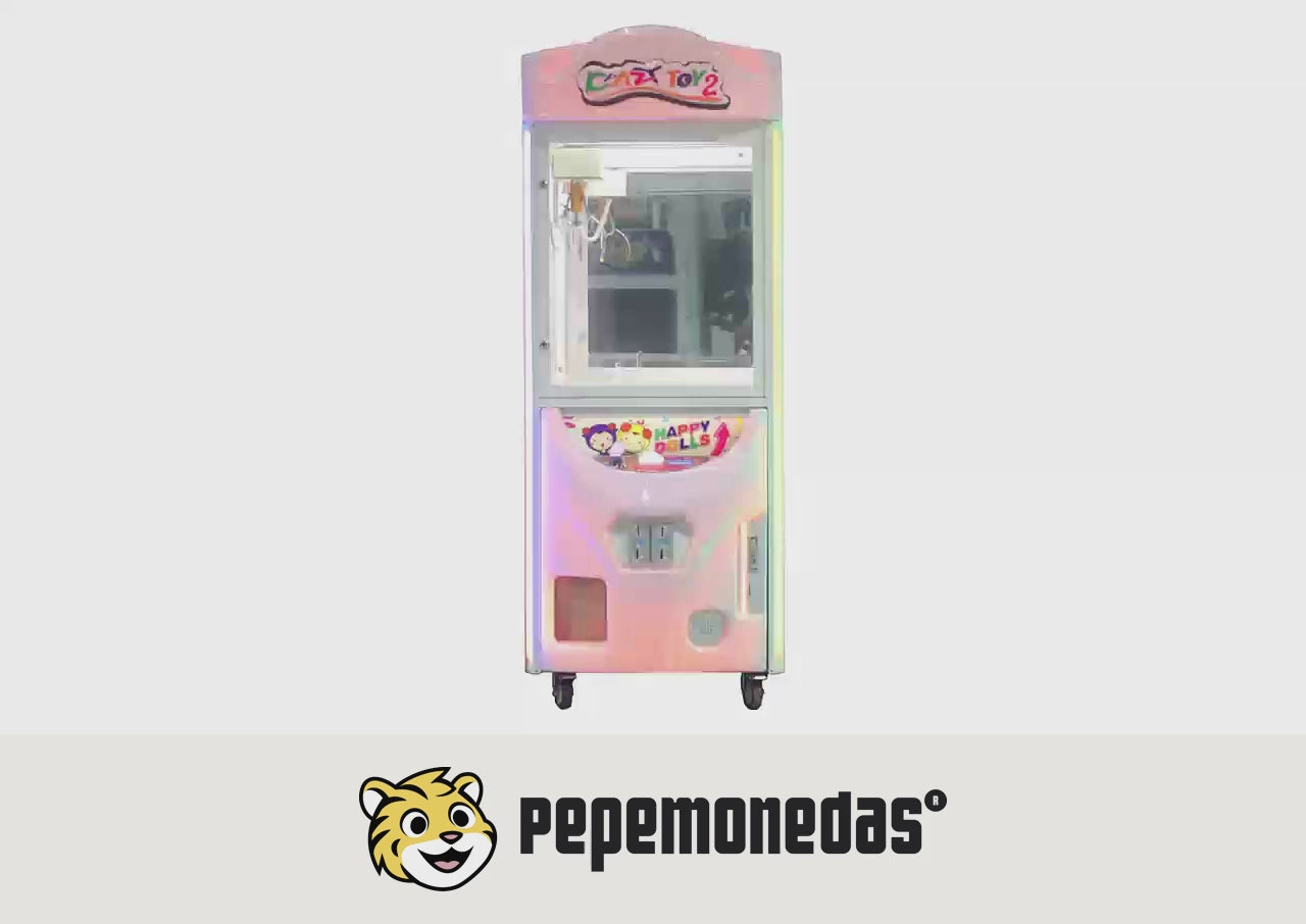 Máquina Cazapeluches Luminosa "Crazy Toy 2" — vista del gabinete y mecanismo. Pepe Monedas.
